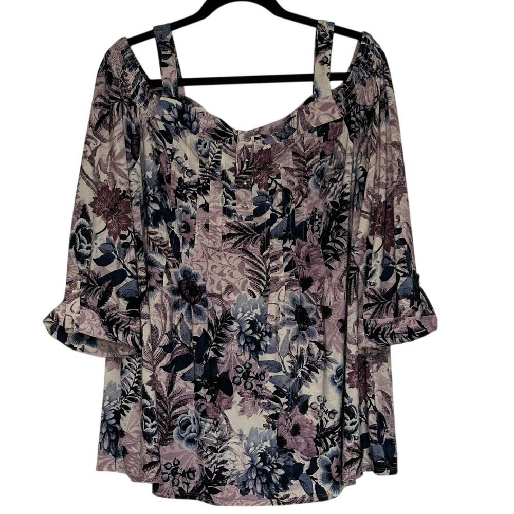 Cocomo Woman Purple Tropical Print Top w Cold Shoulders Roll Tab 3/4 Sleeves 2XL